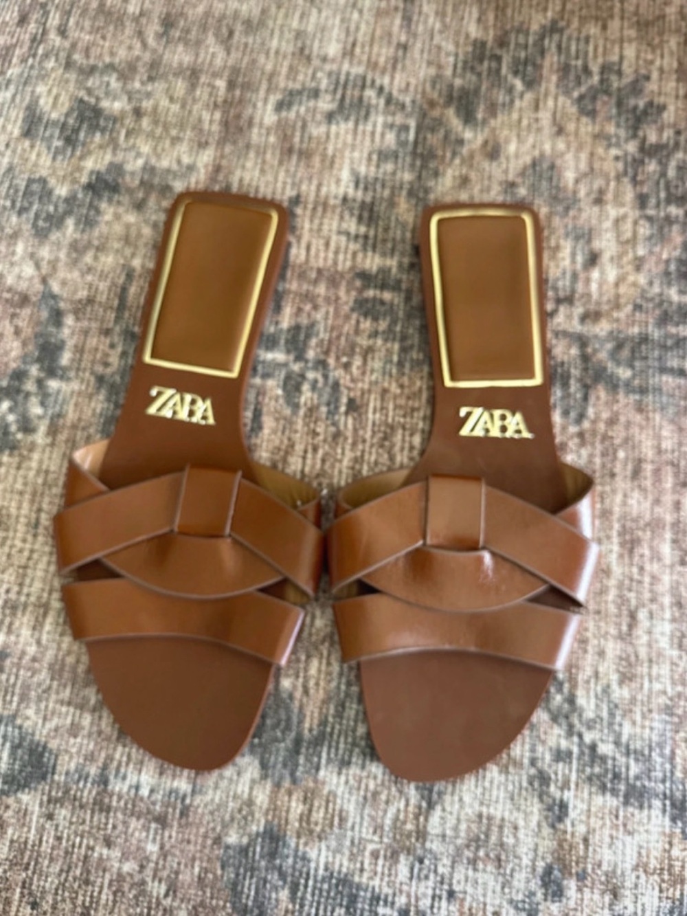 Two Zara Tan Brown Leather Slide Mules - Picture 5 of 6